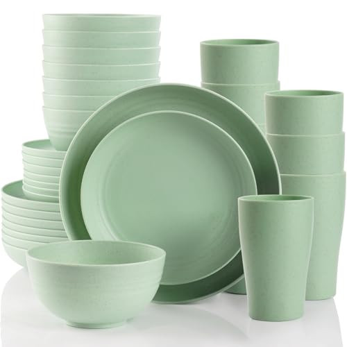 Gudvilla Camping Plates Cups and Bowls Set Green Reusable Microwave Safe Lightweight Unbreakable Plastic Dishes Set for Kids Elderly Kitchen Adults Outdoor,32 Pcs Holiday Dinnerware Sets for 8 | Amazon (US)