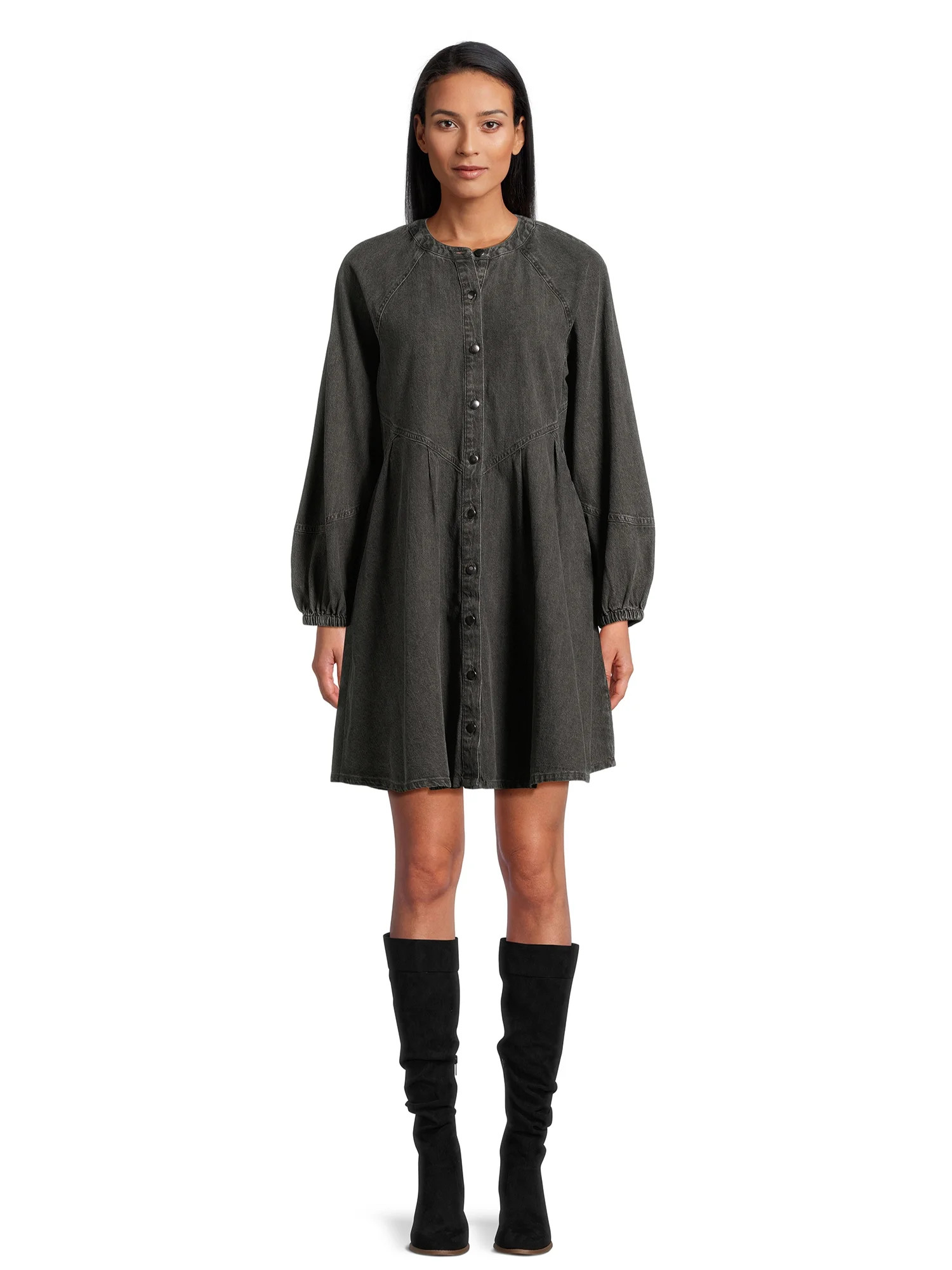 Time and Tru Women's Button Front Denim Mini Dress with Long Sleeves, Sizes XS-XXXL | Walmart (US)