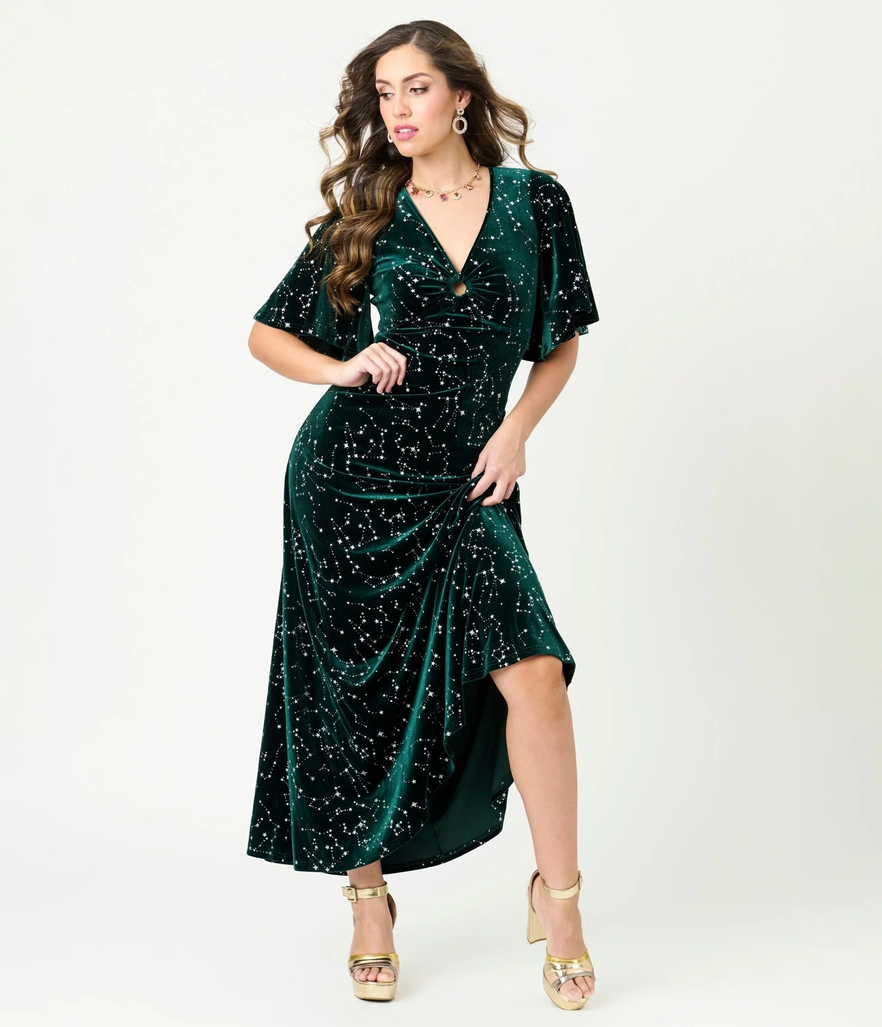Smak Parlour Green Velvet Silver Stars Maxi Dress | Unique Vintage - North America