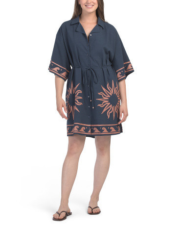 Short Sleeve Border Print Mini Dress For Women, Cotton | TJ Maxx