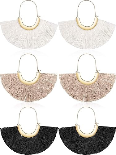 3 Pairs Fan Tassel Earrings for Women Fringe Earrings Semi Circle Fan Silky Threader Dangles Hoop... | Amazon (US)