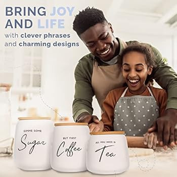 Airtight Kitchen Canister Set of 3 for the Kitchen Counter & Coffee Bar - Coffee Tea Sugar Cerami... | Amazon (US)