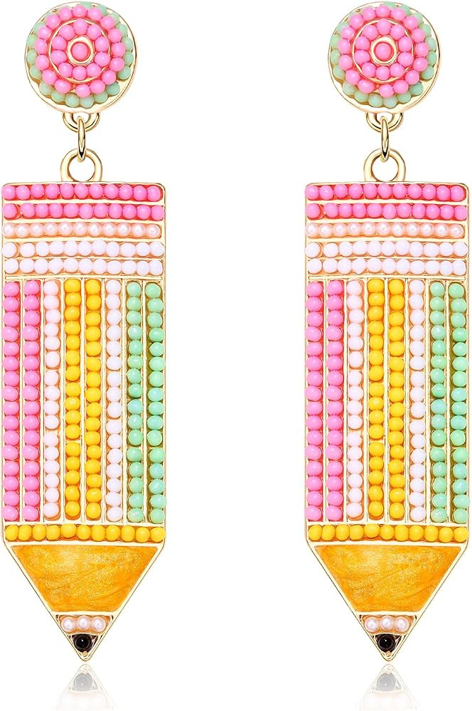 Boderier Teacher Earrings Beaded Teacher Pencil Book Drop Dangle Earrings Teacher Appreciation Gi... | Amazon (US)