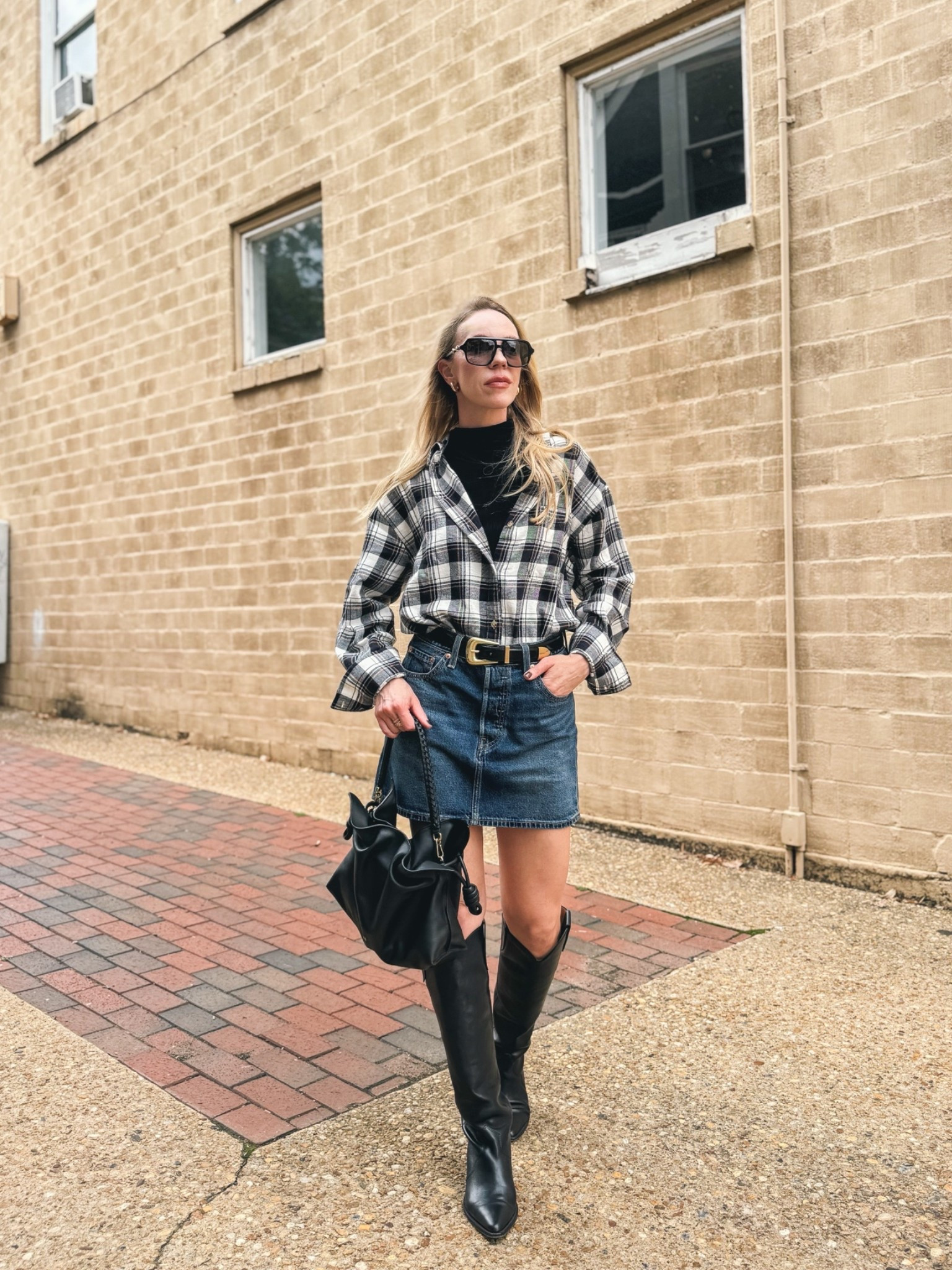 Flannel shirt fall outfit, western chic, @levi shirt with denim mini skirt and cowboy boots