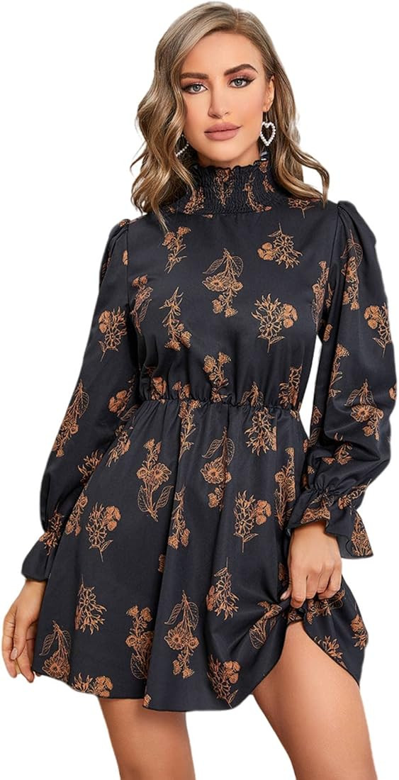 Women's Mock Neck Long Sleeve Floral Print Ruffle Short Dress | Amazon (US)
