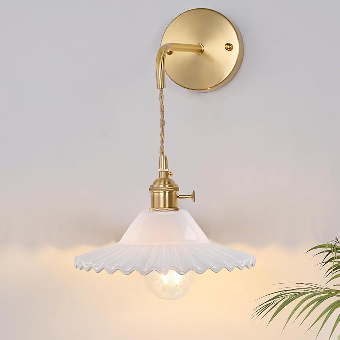 Vintage Wall Sconces with White Lotus Shade Pattern Glass Adjustable Chain Retro Gold Wall Mounte... | Amazon (US)