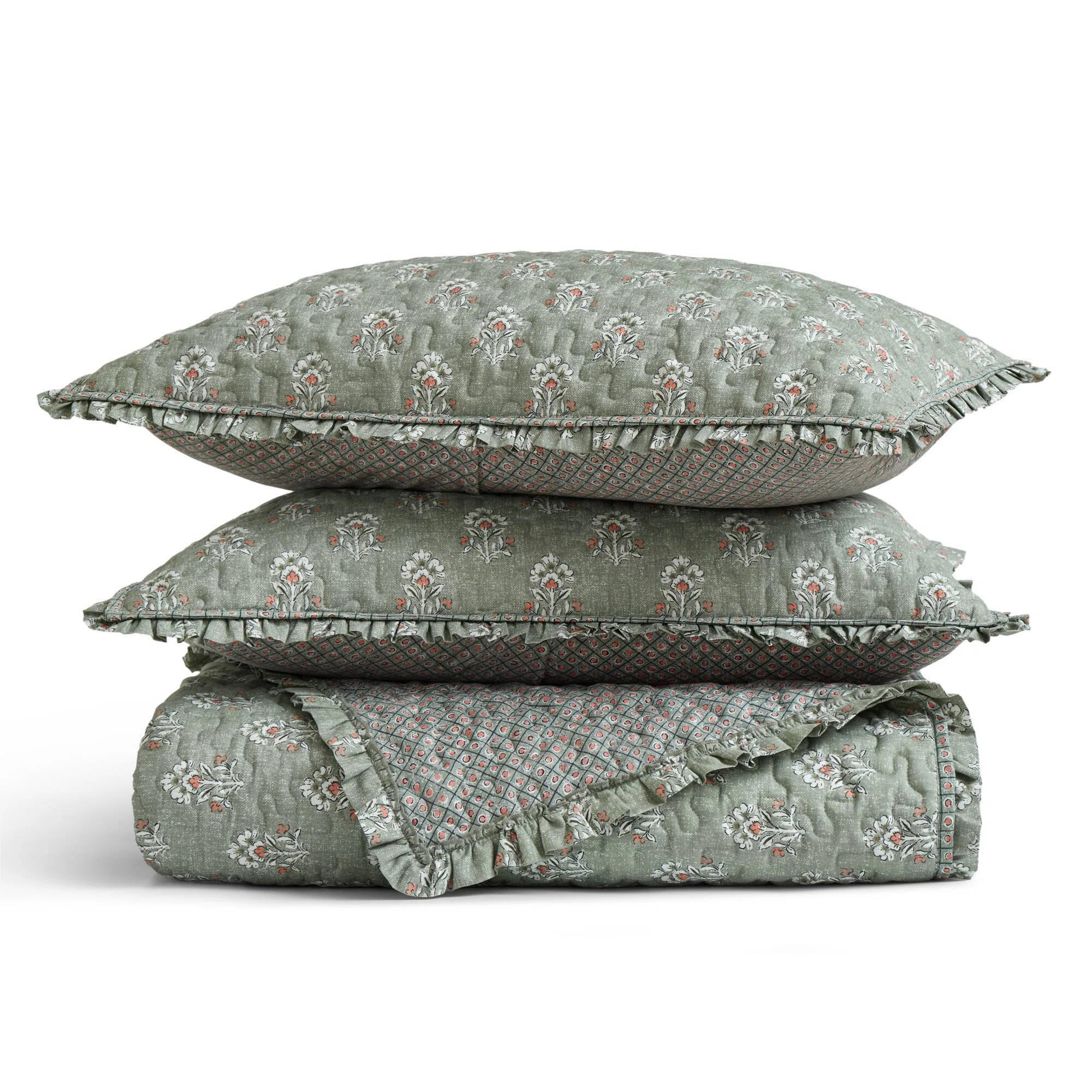 Xylbina Farmhouse Chic Sage Green Queen Bedding Set, Polyester Quilt With Ruffles | Wayfair | Wayfair North America