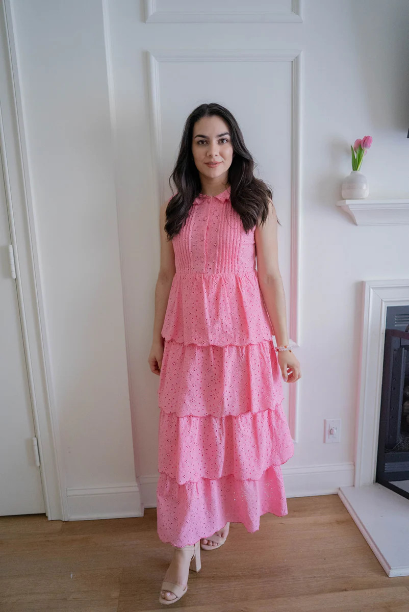 VIVIAN TIERED MIDI DRESS | PINK EYELET | All In The Detail