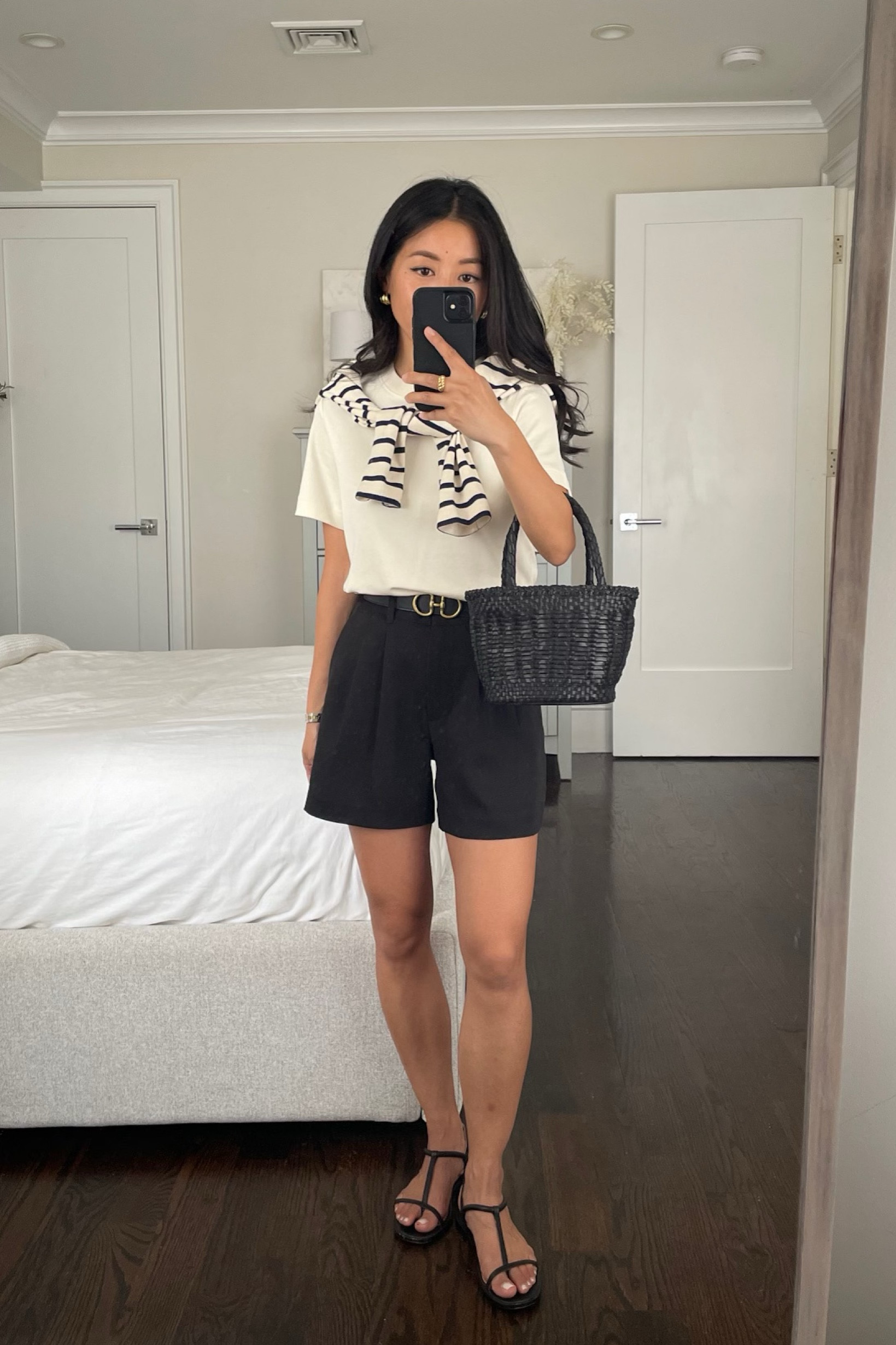 •Quince crepe pleated shorts sz 0 - one of the best petite-friendly tailored shorts I’ve found. Nice quality, wrinkle-resist drape crepe fabric, stretch back, and the perfect length 

0 fits a little loose on me (I need to wear these belted, and wish they made 00) but is TTS compared to other brands. Size 0 measures: 13″ across the waist when lying flat and unstretched with a 10″ rise and 4.5″ inseam.

•Edited Pieces reversible belt xxs (EditedPieces.com)

•COS tee xs (I sized up) premium feel, thicker quality . Also would recommend the Everlane one as a regular cotton tee.

•Sezane striped mariniere shirt xxs 

•Madewell sandals 5.5

•J.Crew bag (old, similar linked)

#petite summer outfit #LTKStyleTip

#LTKfindsunder50 #LTKstyletip #LTKSeasonal