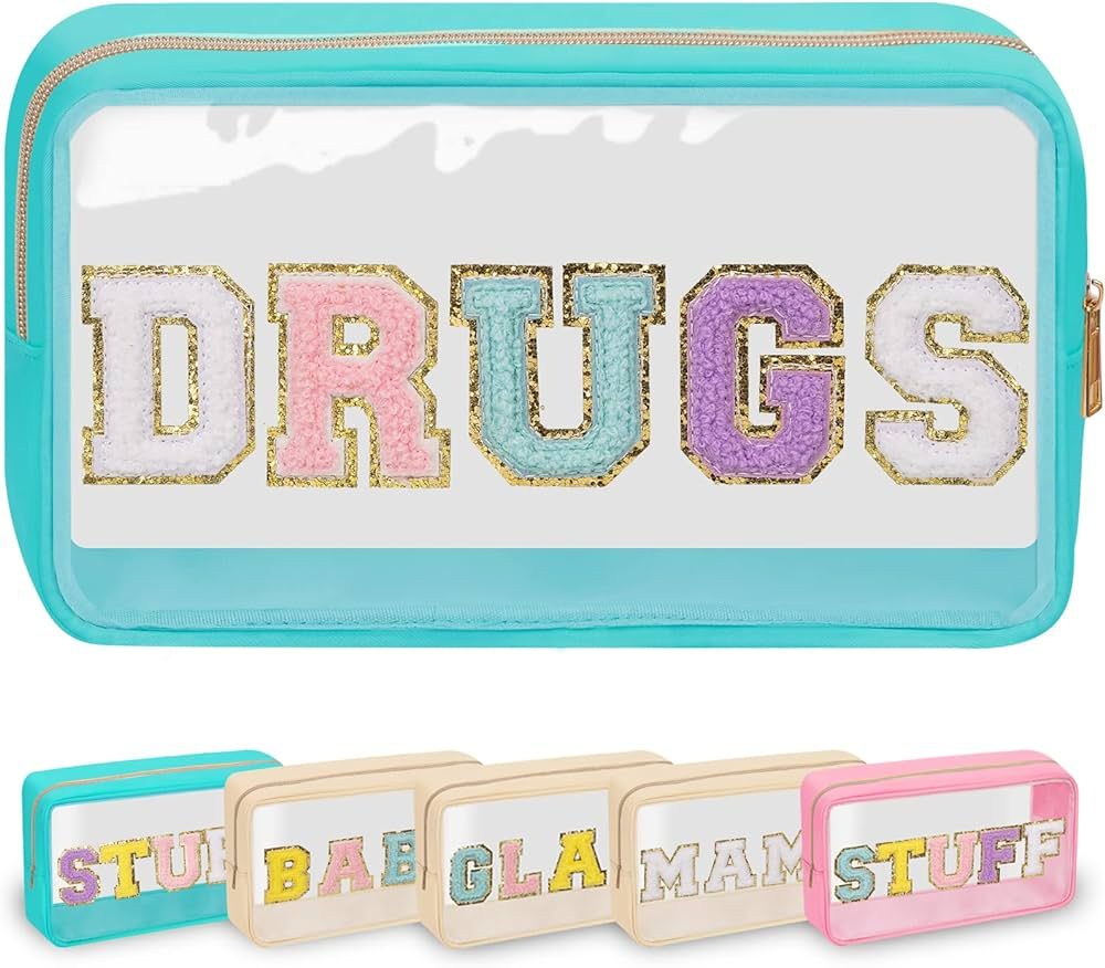 Preppy Patch Makeup Bag Drug Pouch, Chenille Letter Make Up Bag, Clear Small Travel Makeup Zipper... | Amazon (US)