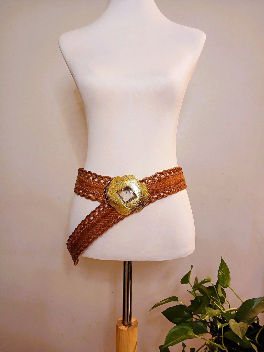 Handmade Belt Brown Leather Wide Belt Artisanal Braided Waist Belt Golden Buckle Vintage Full Gra... | Etsy ROW