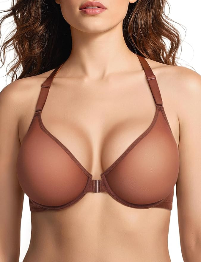 Racerback Bras for Women Mesh Front Closure Plunge See Through Unlined Sheer Underwire Bra | Amazon (US)