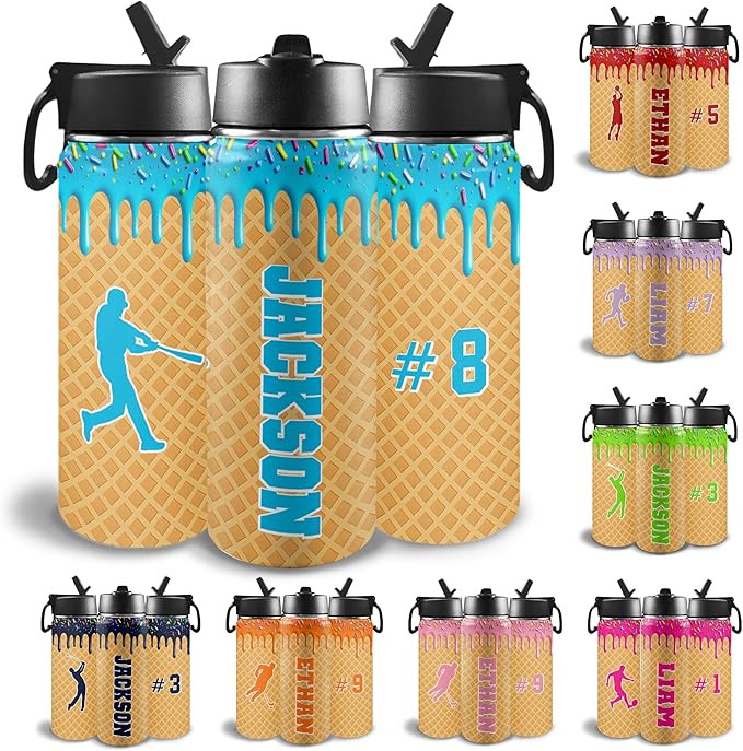 Personalized Ice Cream Drip Baseball Water Bottles with Name for Kids, Custom Insulated Stainless... | Amazon (US)