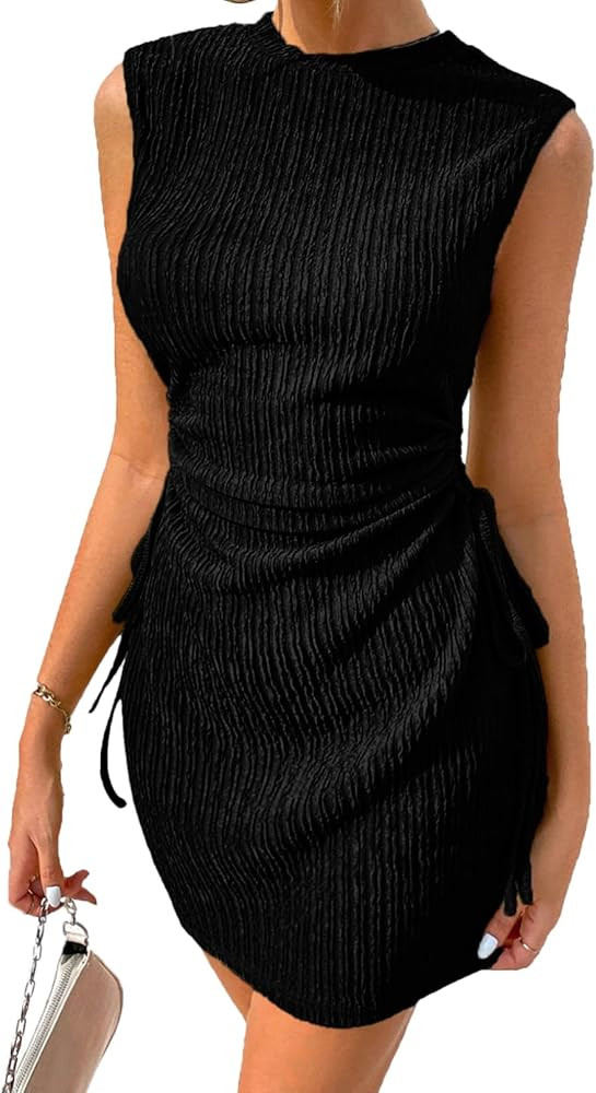 Acelitt Womens Summer Crewneck Sleeveless Cut Out Drawsting Ruched Mini Wedding Guest Dress | Amazon (US)