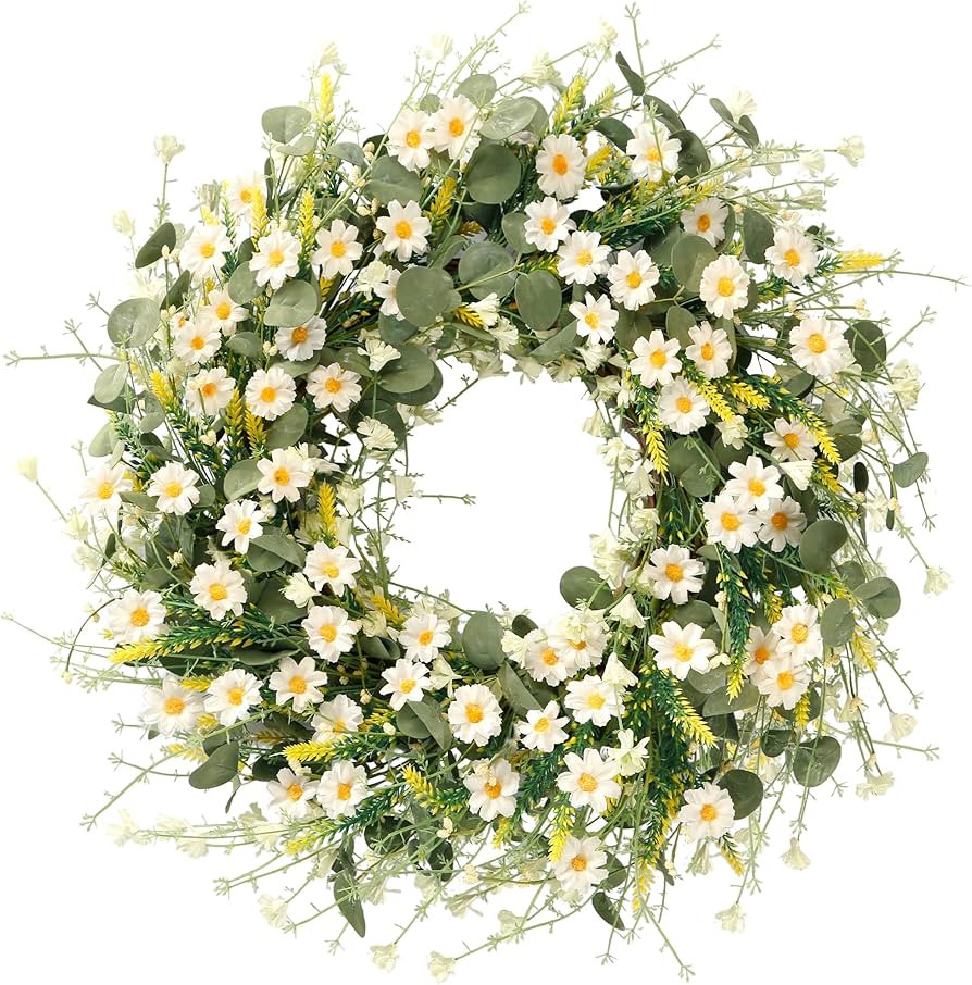 Sggvecsy White Daisy Wreath 24 Inch with Fake Silk Floral Green Eucalyptus Leaves and Lavender fo... | Amazon (US)