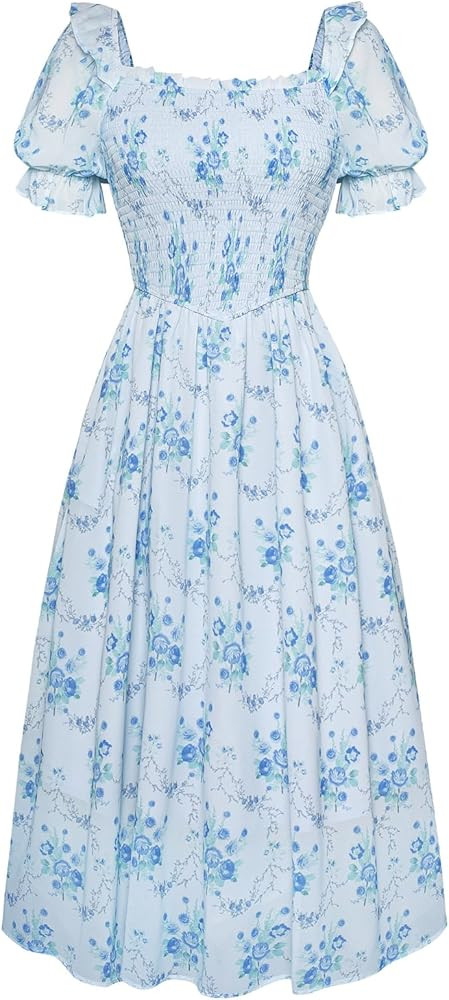 Scarlet Darkness Women's Cottagecore Dress Puff Sleeve Square Neck Flowy Smocked Maxi Dress | Amazon (US)