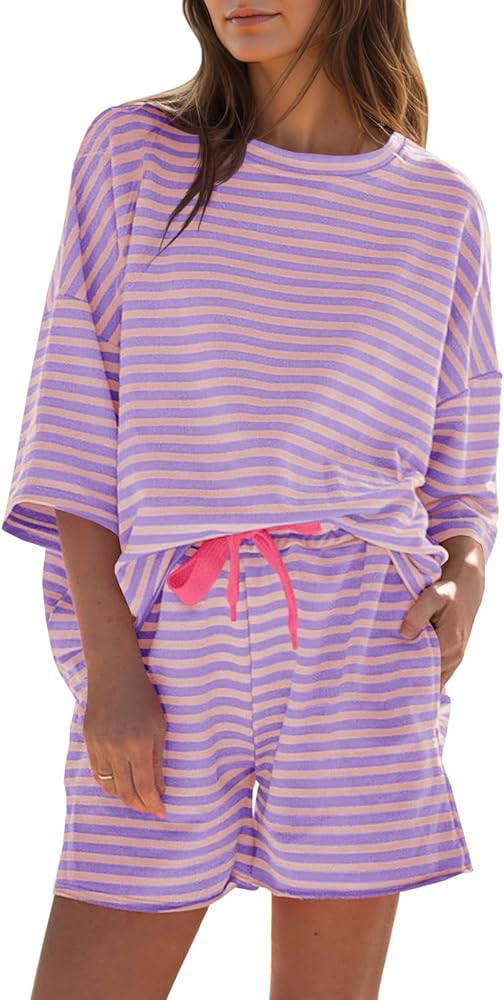 Fisoew Womens Striped 2 Piece Outfits Sweatsuits 3/4 Sleeve Oversized Tops High Waisted Shorts Ca... | Amazon (US)