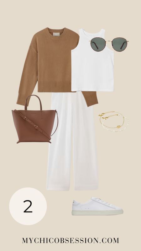 Style a monochromatic pairing of Everlane’s white trousers and a cutaway tank. Over your shoulders, tie their classic crewneck sweater. Accessorize with a leather tote, sunglasses, bracelets, and white sneakers.

#LTKStyleTip #LTKSeasonal