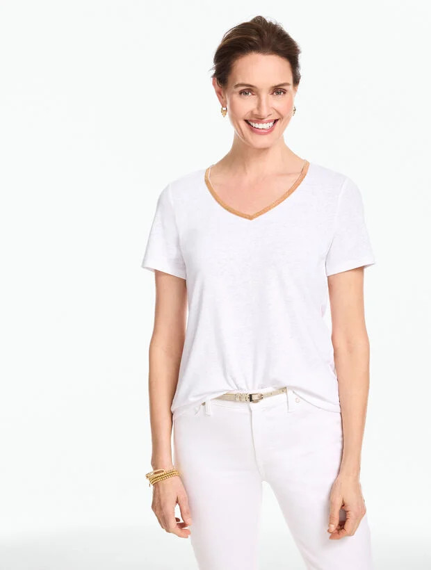 Beaded Linen Blend V-Neck Tee | Talbots