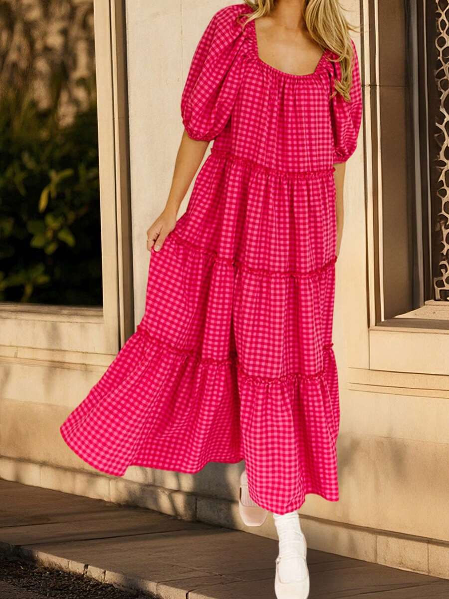Mujeres Boho Plaid Imprimir Vestido Casual Manga Corta Puff Cuello Cuadrado A-Line Vestido Largo ... | SHEIN