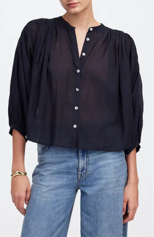 Madewell Shirred Voile Button-Up Top in Jet Black at Nordstrom, Size Xx-Large | Nordstrom