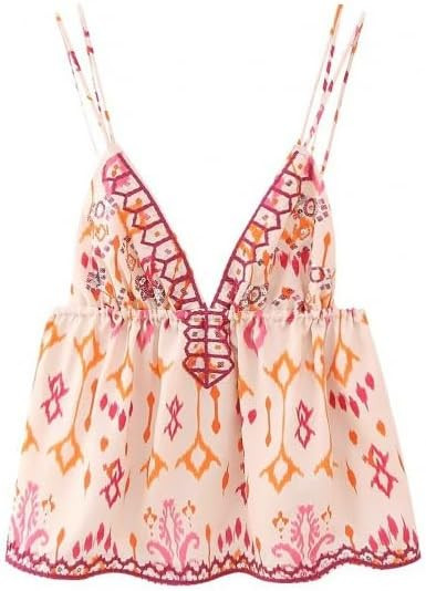 Women Coquette Spaghetti Strap Top Shirts Sexy V Neck Floral Print Summer Casual Tank Tops Beads ... | Amazon (US)