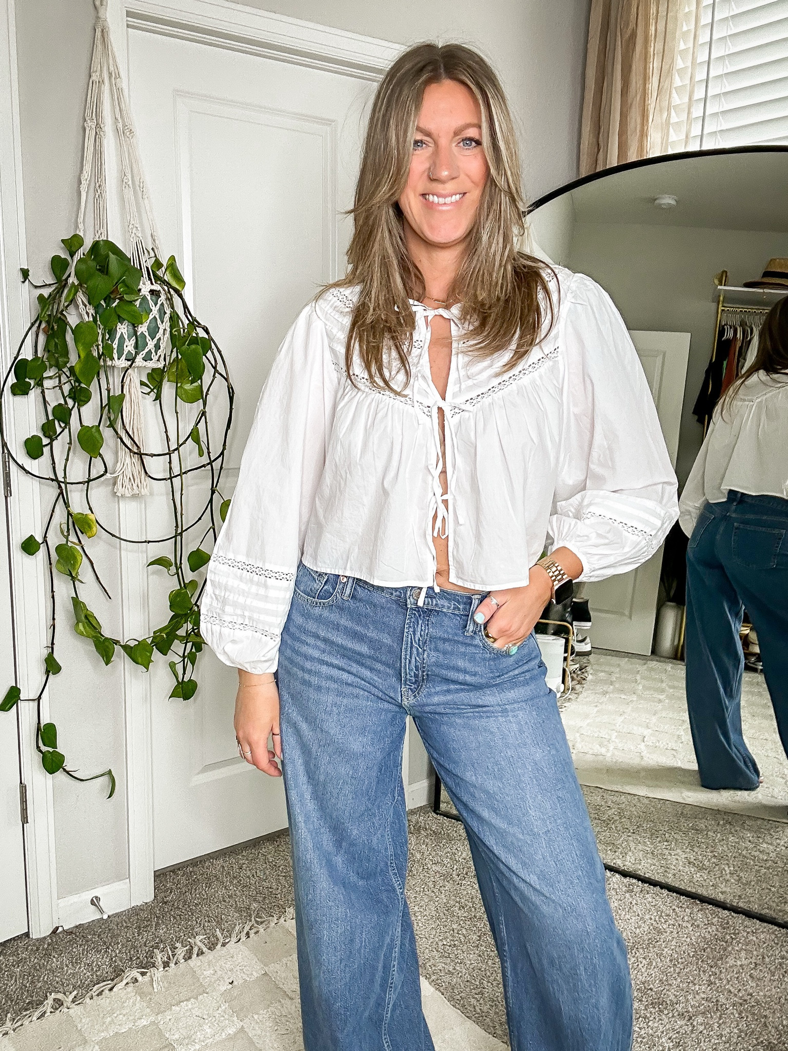 Large top, 10/30 TALL jeans 

#LTKOver40 #LTKMidsize