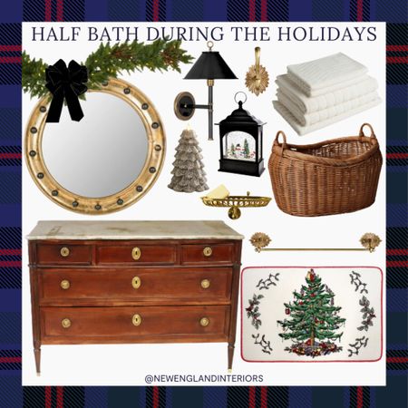 New England Interiors • Half Bath During The Holidays • Mirror, Storage, Holiday Rug, Towels, Lighting, Bathroom Accessories, Christmas Tree 🎄🫧

TO SHOP: Click the link in bio or copy and paste this link in your web browser
 

#LTKHoliday #LTKSeasonal #LTKhome