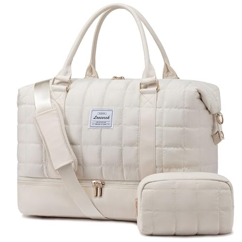 LOVEVOOK Large Duffle Bag for Travel, Puffer Weekend Bags for Women Travel Tote, Carry on Duffel Bag for Airplanes, 18 Inch Personal Item Bag Gym Bag Women, Beige | Amazon (US)