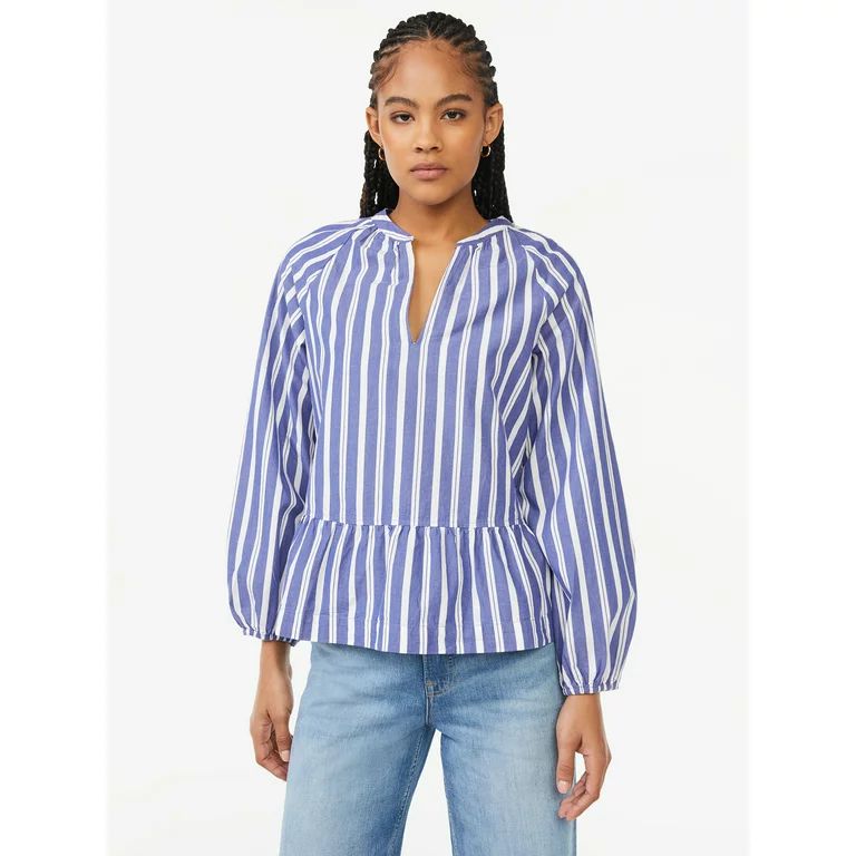 Free Assembly Women's V-Neck Peplum Top with Long Sleeves | Walmart (US)