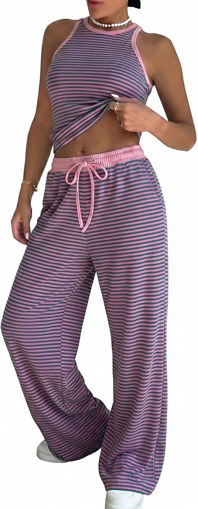 EXLURA Womens Cotton Summer 2 Piece Outfits Striped Halter Tops Matching Wide Leg Pant Sets Loung... | Amazon (US)