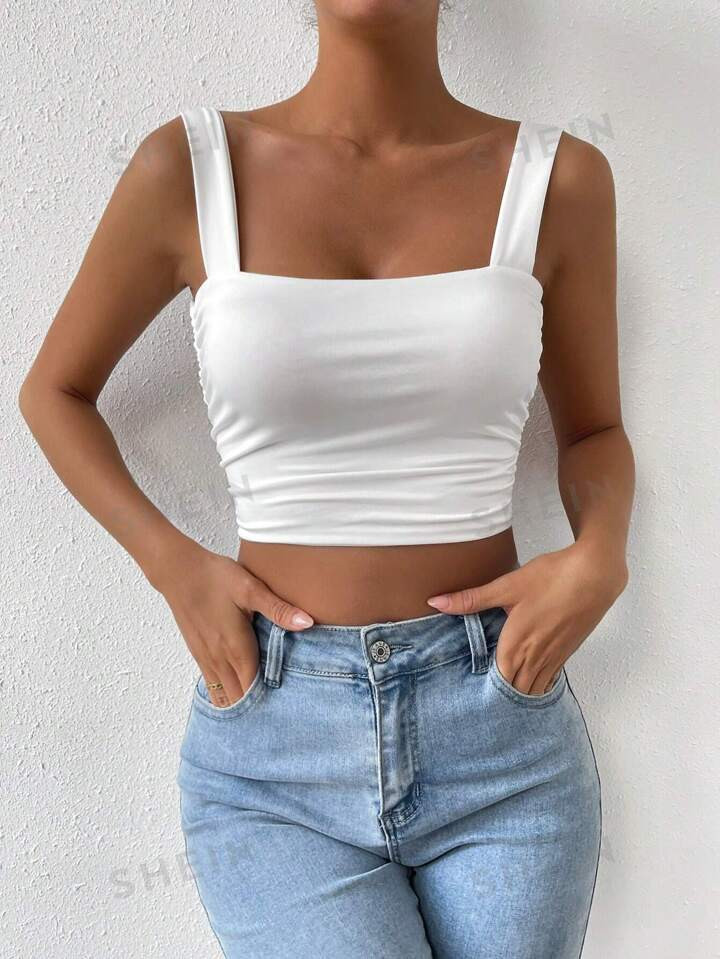 SHEIN Essnce Solid Ruched Crop Cami Top | SHEIN