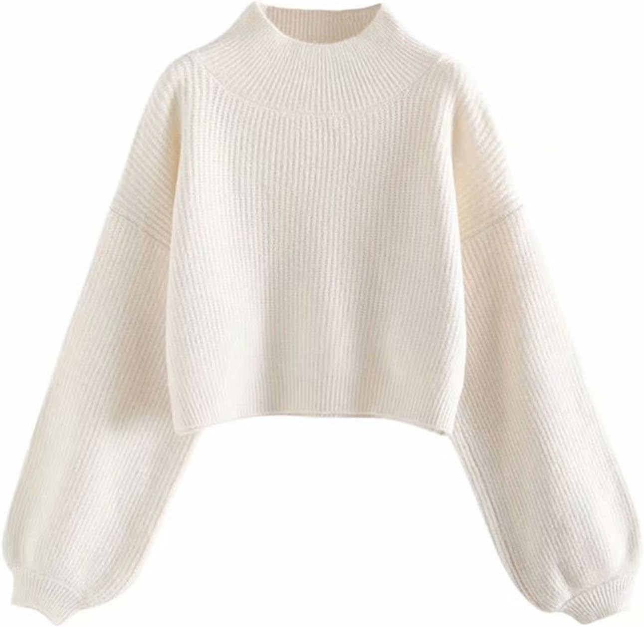 xinxinchaoshi Sweater Women's High Neck Lantern Sleeve Ribbed Knit Pullover Crop Sweater Jumper P... | Amazon (US)