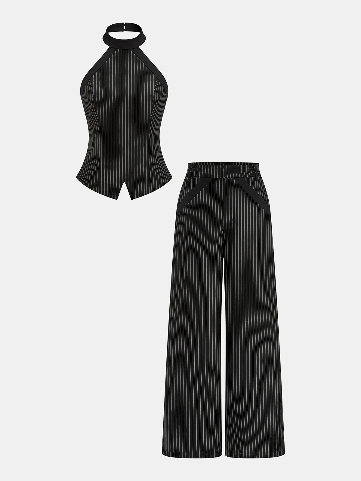 Pinstripe Halter Top & Wide Leg Pants Set | Commense