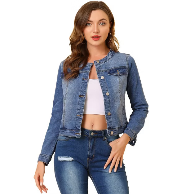 Allegra K Women's Denim Jacket Button Down Collarless Long Sleeve Jean Jackets | Target