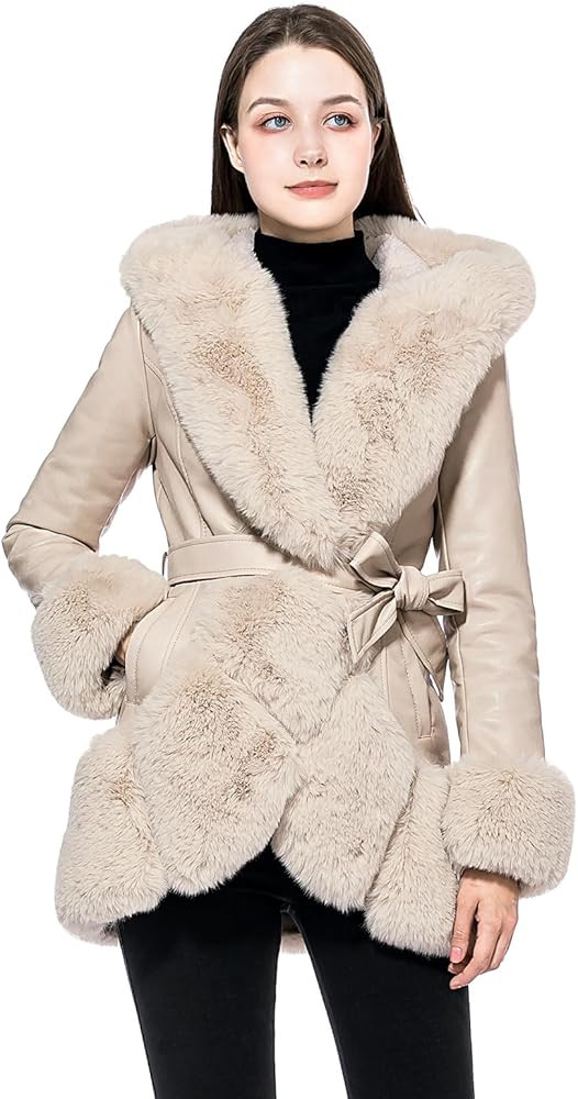 GRAN ORIENTE Women's Faux Leather Coat with Faux Fur Collar,Winter Warm Belted Mid Length Trim Ja... | Amazon (US)