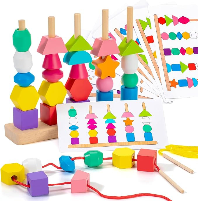 Montessori Wooden Lacing Beads Sequencing Set, Stacking Blocks & Matching Shape Stacker for 2 3 4... | Amazon (US)