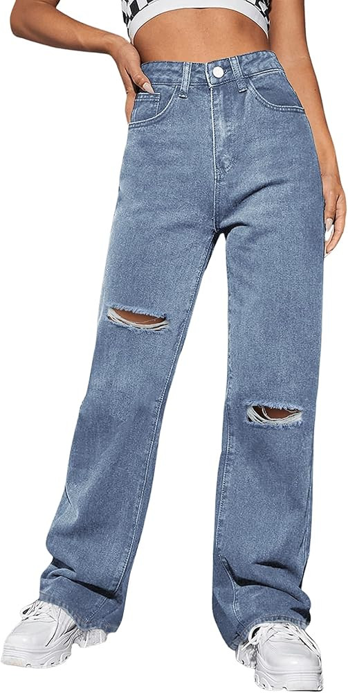 Genleck Women Loose Ripped Boyfriends Jeans High Waist Baggy Denim Pants Distressed Wide Leg Jean... | Amazon (US)