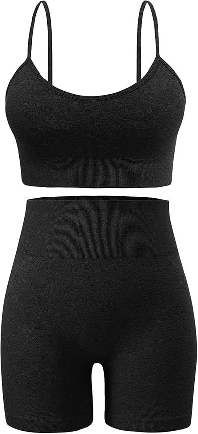 Women's Shorts Sets 2 Piece Outfits for Summer Seamless High Waisted Yoga Shorts with Adjustable ... | Amazon (US)