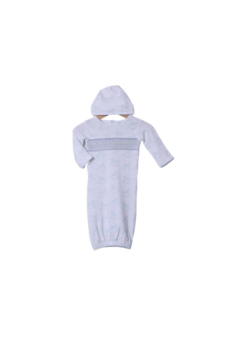 Smocked Heirloom Blue Rocking Horse Layette Gown and Hat Set | The Smocked Flamingo