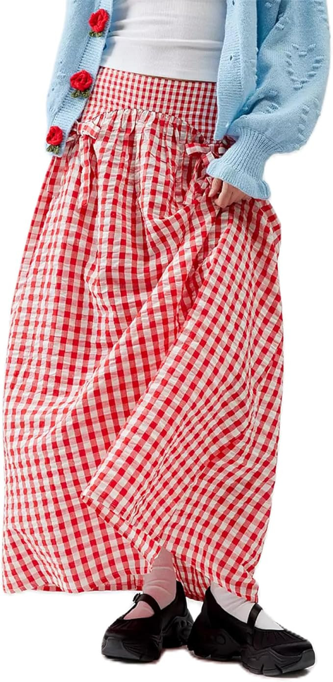 Women Y2K Plaid Long Skirt Elastic Waist Pleated Gingham Print Maxi Skirt Cute Aesthetic Skirt fo... | Amazon (US)