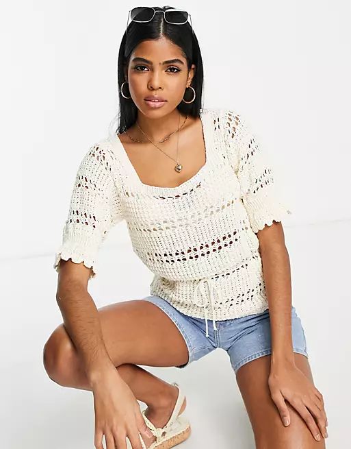 ASOS DESIGN crochet top with square neck and tie waist in cream | ASOS (Global)