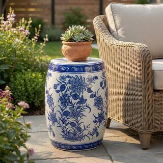 18 in. Blue Ceramic Pinwheel Flower Chinoiserie Garden Stool | The Home Depot