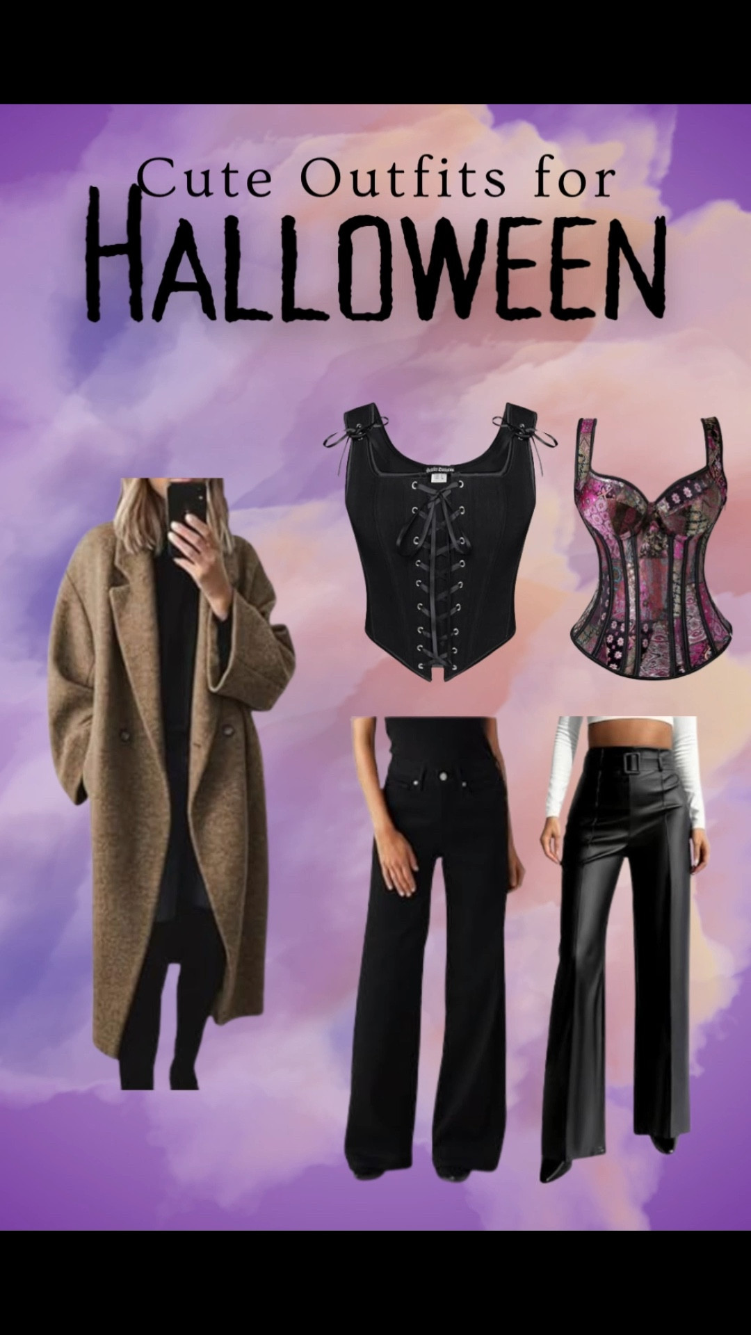 Cute and sexy Halloween outfits that you can still wear around family! Modest enough, while still being a bit sexy and sultry. 
Halloween outfit, fall outfit ideas, warm Halloween outfit, corset top, faux leather pants, lace up bodice, wool coat, wide leg black jeans

#falloutfit #outfitideas #halloweenoutfit #falloutfitideas 

#LTKHalloween #LTKSeasonal #LTKParties