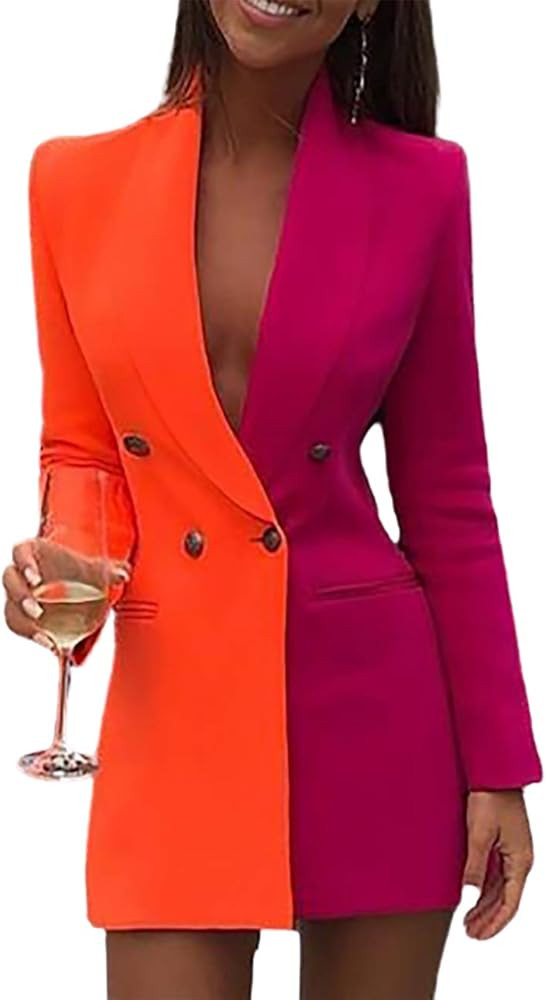 CHICME Women Fashion Colorblock Sequins Long Sleeve Double Breasted Bodycon Blazer Dress | Amazon (US)
