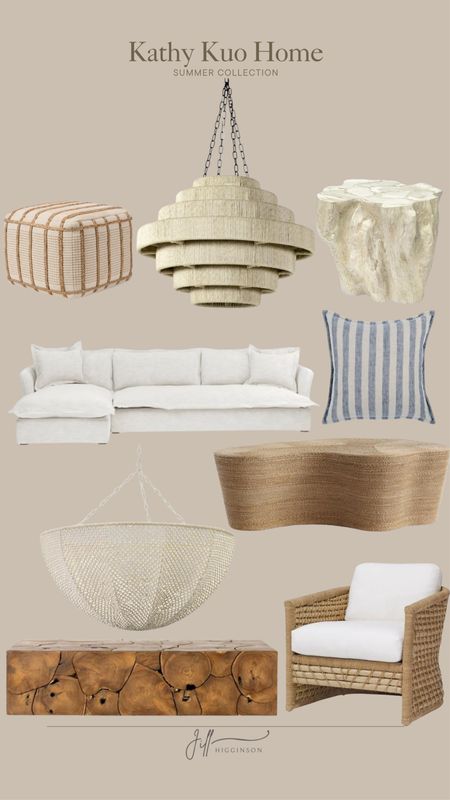 Kathy Kuo Home summer collection! 

Ottoman, light fixture, couch, sectional, coffee table, pouf, pillow 

#LTKhome #LTKsalealert #LTKSeasonal