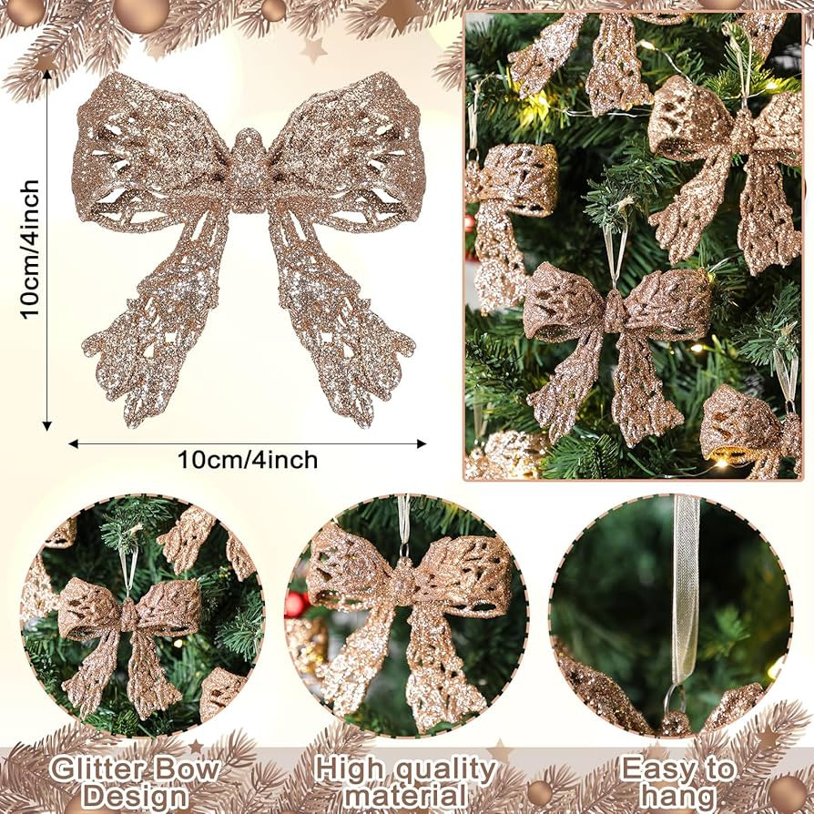 Thyle 12 Pcs Glitter Christmas Bow Ornaments for Christmas Tree Decorations 3.94'' Champagne Shin... | Amazon (US)