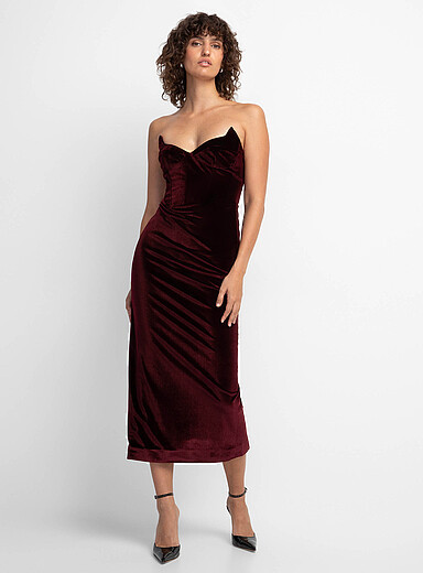 Camellia burgundy velvet bustier dress | Simons