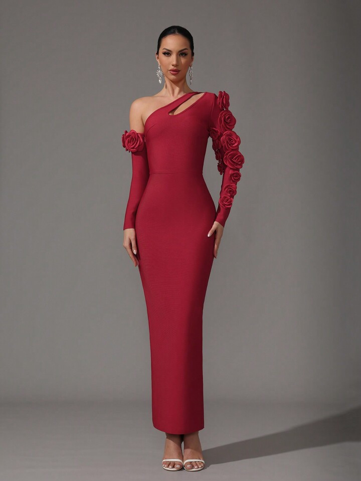 Glamrae Robe Moulante Mini Élégante À Épaules Échancrées Avec Contraste Noir Et Blanc Et Motif Floral 3D. Polyvalente Pour Les Rendez-Vous, Les Soirées Entre Célibataires, Les Mariages Et Les Événements Cocktails | SHEIN