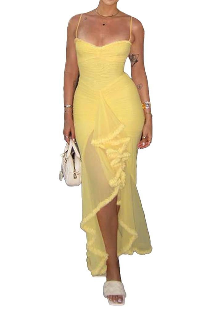 LETSVDO Women's Mesh Ruffle Maxi Dress Bodycon Ruched Corset Spaghetti Strap High Low Irregular H... | Amazon (US)